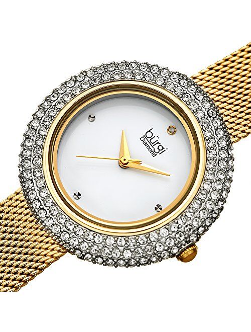 Swarovski Crystal Women's Watch - A Diamond Hour Marker on Accented Stainless Steel Mesh Bracelet Wristwatch - Perfect for Mother's Day - BUR220