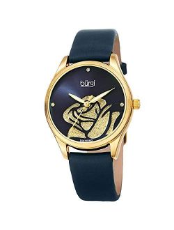 Women's Diamond Accented Flower Watch - Rose Cut-Out Diamond Dial with Glitter Powder with 4 Diamond Hour Markers On Satin Leather Strap Watch - BUR189