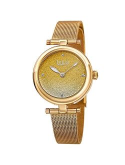 BUR231 Designer Women's Watch - Stainless Steel Mesh Strap Swarovski Crystal Markers, Glitter Dial - Fashion Bracelet Wristwatch