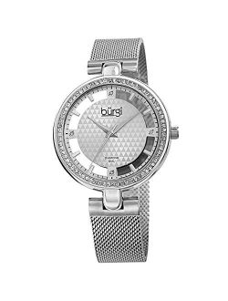 Sparkling Colored Crystals Women's Watch - Floating Dial On Shimmering Triangle Pattern 4 Genuine Diamond Markers On Stainless Steel Mesh Band -BUR262