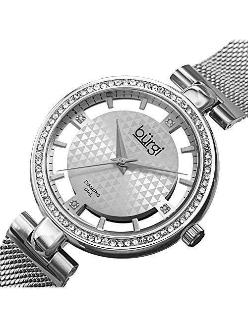 Burgi Sparkling Colored Crystals Women's Watch - Floating Dial On Shimmering Triangle Pattern 4 Genuine Diamond Markers On Stainless Steel Mesh Band -BUR262