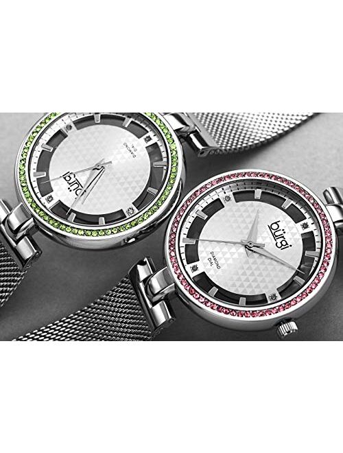 Burgi Sparkling Colored Crystals Women's Watch - Floating Dial On Shimmering Triangle Pattern 4 Genuine Diamond Markers On Stainless Steel Mesh Band -BUR262