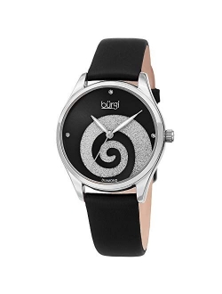 Womens Watch with Diamond Markers Sunray Dial with Sparkling Crystal Powder Swirl Satin Over Genuine Leather Skinny Strap BUR201