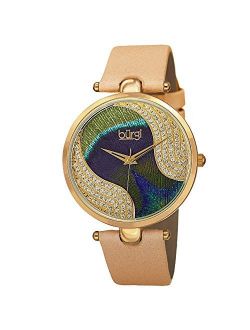 Unique Swarovski Crystal Peacock Feather Pattern Watch - Sparkling Crystal Colorful Dial and Case on Genuine Leather Strap - BUR131