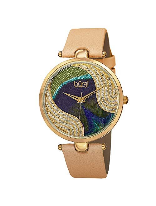 Burgi Unique Swarovski Crystal Peacock Feather Pattern Watch - Sparkling Crystal Colorful Dial and Case on Genuine Leather Strap - BUR131