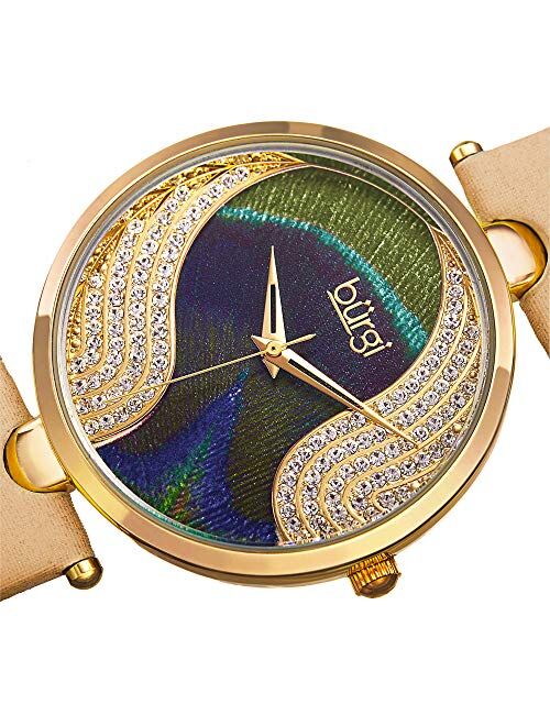 Burgi Unique Swarovski Crystal Peacock Feather Pattern Watch - Sparkling Crystal Colorful Dial and Case on Genuine Leather Strap - BUR131