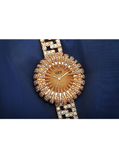 Burgi Crystal Accented Sparkling Dial Women's Watch - Crystal Filled Bezel On Glossy Leather Strap Watch - BUR054