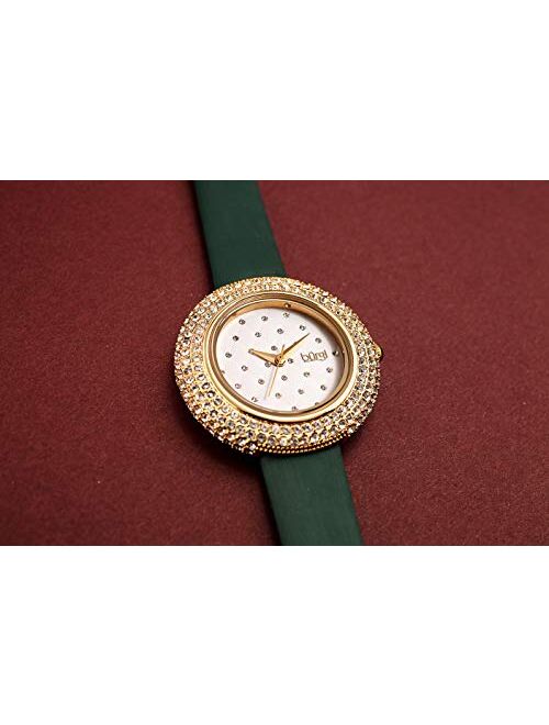 Burgi Swarovski Crystals Encrusted Quilted Dial - Swarovski Crystals Bezel with Satin Leather Strap Women's Watch - Mothers Day Gift - BUR207