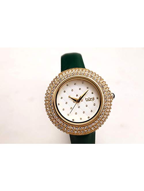 Burgi Swarovski Crystals Encrusted Quilted Dial - Swarovski Crystals Bezel with Satin Leather Strap Women's Watch - Mothers Day Gift - BUR207