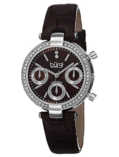 Burgi Diamond & Crystal Women's Watch - Multifunction 3 Subdial and Diamond Hour Marker On Croco-Embossed Leather Strap Watch - BUR129