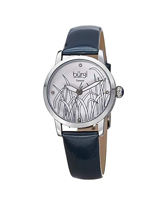 Burgi Diamond Accented Women’s Watch – Casual Skinny Patent Leather Bracelet Strap - Printed Reed Design Dial with 4 Diamond Markers