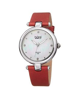 Designer BUR169 Womens Watch with Diamond Accented Markers on Mother of Pearl Dial Skinny Genuine Leather Bracelet Strap -