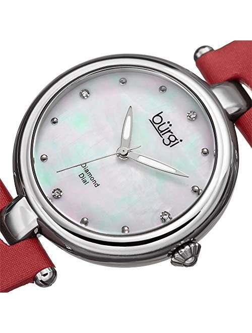 Burgi Designer BUR169 Women’s Watch with Diamond Accented Markers on Mother of Pearl Dial – Skinny Genuine Leather Bracelet Strap -