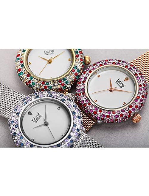 Burgi Swarovski Colored Crystal Women's Watch - A Genuine Diamond Marker - Stainless Steel Mesh Bracelet Wristwatch - BUR258