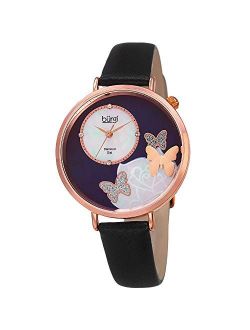 BUR158 Skinny Leather Womens Watch with Crystal Butterflies, Genuine Diamond Markers and Flower Designs on Mother of Pearl Dial Classic Round Analog Quartz