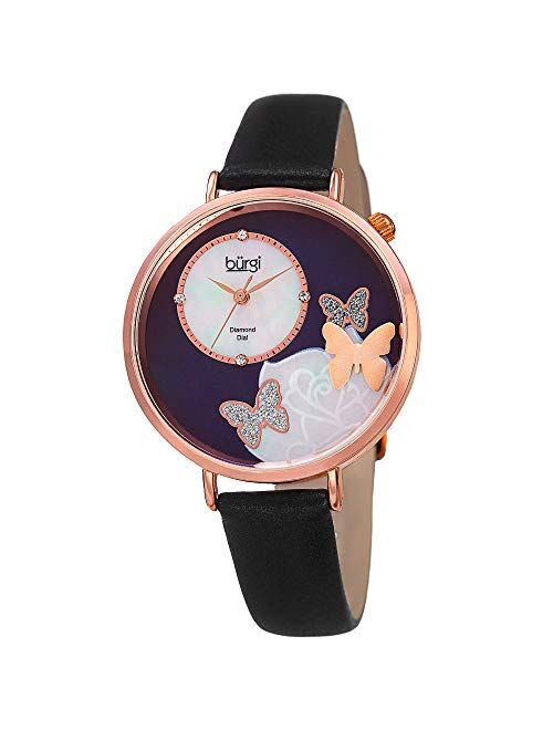 Burgi BUR158 Skinny Leather Women’s Watch with Crystal Butterflies, Genuine Diamond Markers and Flower Designs on Mother of Pearl Dial – Classic Round Analog Quartz