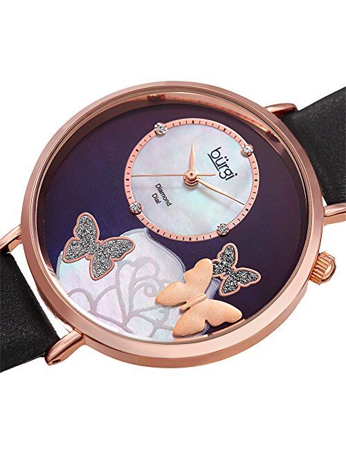 Burgi BUR158 Skinny Leather Women’s Watch with Crystal Butterflies, Genuine Diamond Markers and Flower Designs on Mother of Pearl Dial – Classic Round Analog Quartz
