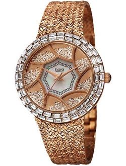 Women's Crystal Baguette Bezel Watch - Mother-of-Pearl & Floating Crystal Dial On Flower Pattern Bracelet - BUR118