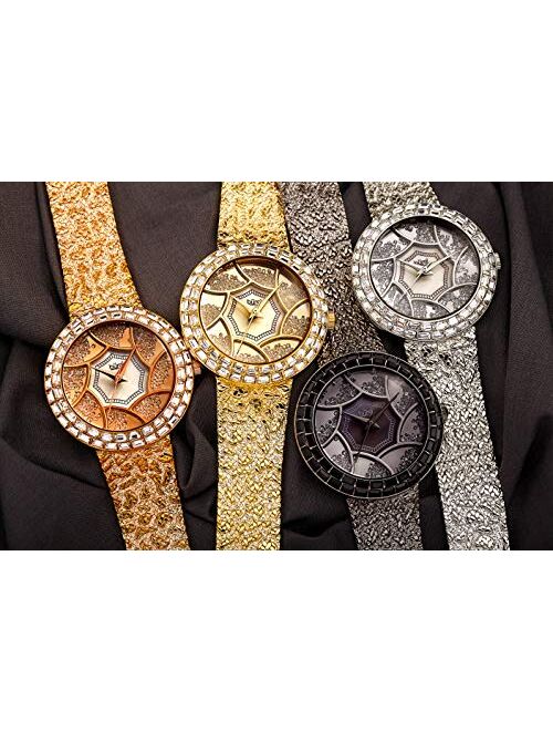 Burgi Women's Crystal Baguette Bezel Watch - Mother-of-Pearl & Floating Crystal Dial On Flower Pattern Bracelet - BUR118
