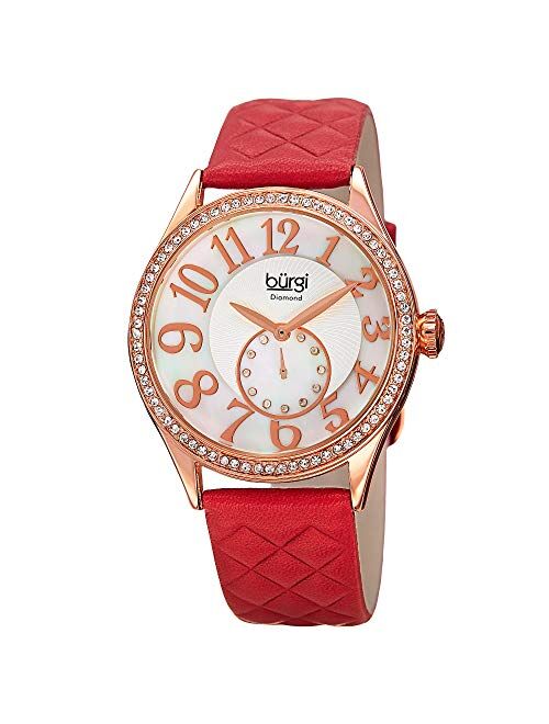 Burgi Women's Swarovski Crystal Dual Time Watch - Large Arabic Numerals with Mother-of-Pearl Subdial On Quilted-Leather Band - BUR141