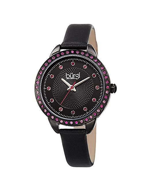 Burgi Swarovski Crystal Accented Women’s Watch with Genuine Leather Skinny Strap – Studded Bezel and Dial with Embossed Pattern BUR161