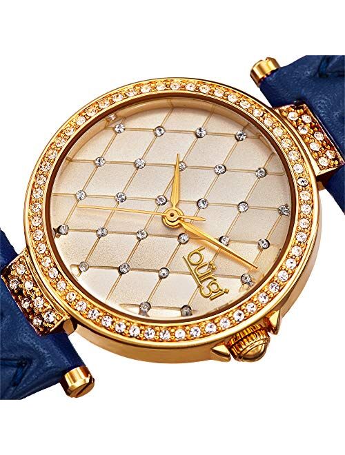 Burgi Women's Diamond & Crystal Accented Quilted Design Dial and Genuine Leather Strap Watch - BUR154