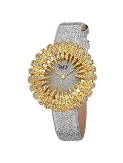 Crystal Accented Sparkling Dial Women's Watch - Crystal Filled Bezel On Glossy Leather Strap Watch - BUR112