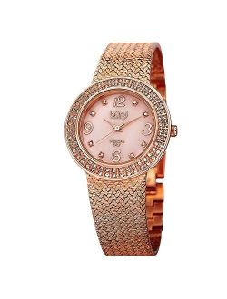 Women's Crystal Accented Swiss Watch - Mother of Pearl Dial Genuine Crystals Bezel 8 Diamond Markers On Mesh Bracelet - BUR097
