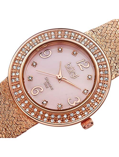 Burgi Women's Crystal Accented Swiss Watch - Mother of Pearl Dial Genuine Crystals Bezel 8 Diamond Markers On Mesh Bracelet - BUR097
