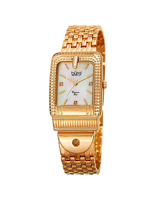 Burgi Women's Rectangle Diamond Luxury Watch - Mother of Pearl Dial with 3 Diamond Hour Markers On Stainless Steel Link Bracelet - BUR171