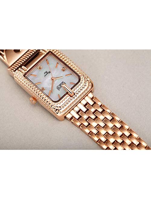 Burgi Women's Rectangle Diamond Luxury Watch - Mother of Pearl Dial with 3 Diamond Hour Markers On Stainless Steel Link Bracelet - BUR171