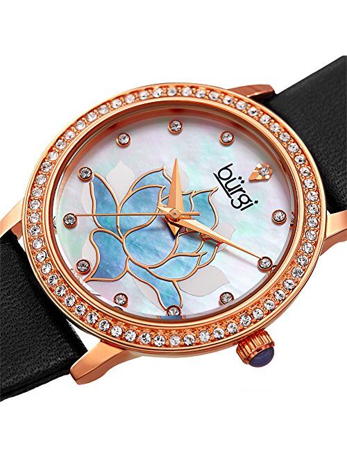 Burgi Swarovski Crystal Encrusted Watch - On Genuine Leather Strap –Mother of Pearl Dial with Mosaic Lotus Flower Design and Crystal Marker Accents – BUR159
