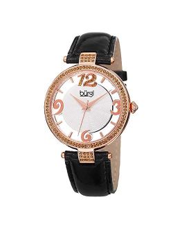 Women's Swarovski Crystal Accents Watch - Engraved Sunburst Guilloche Center Dial with See Thru Border On Leather Strap - BUR150