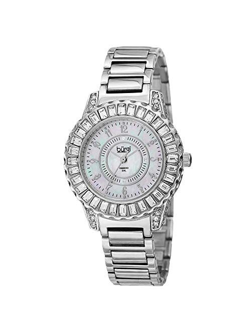 Burgi Women's Diamond and Crystal Watch - Baguettes On Bezel on Mother of Pearl Dial On Stainless Steel Bracelet - BUR095
