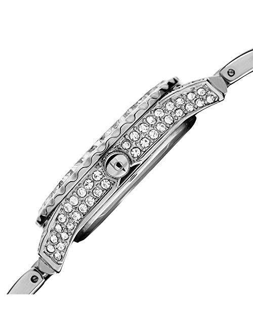 Burgi Women's Diamond and Crystal Watch - Baguettes On Bezel on Mother of Pearl Dial On Stainless Steel Bracelet - BUR095