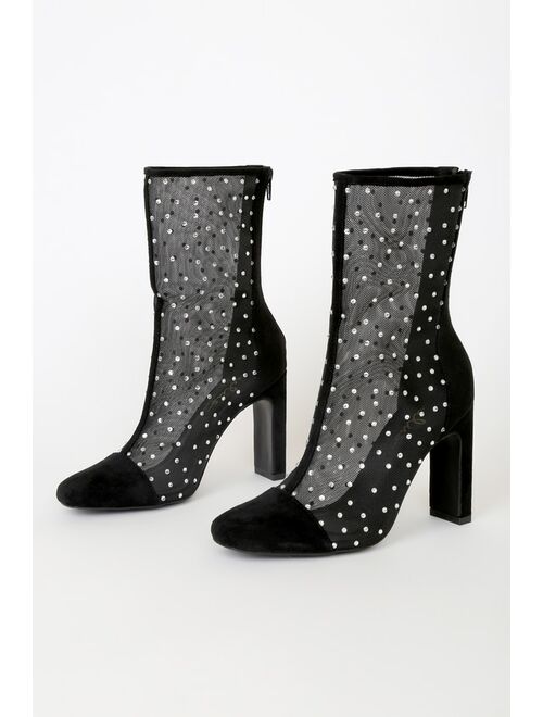 Lulus Samella Black Suede Rhinestone Mesh Mid-Calf Boots