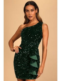 Endless Luxe Dark Green Sequin Velvet One-Shoulder Mini Dress