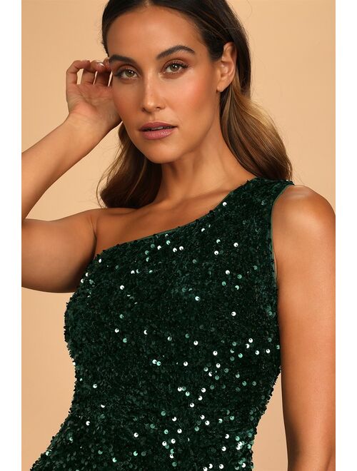 Lulus Endless Luxe Dark Green Sequin Velvet One-Shoulder Mini Dress