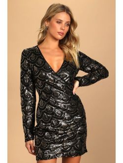 Jazz Age Black and Gold Sequin Long Sleeve Faux-Wrap Mini Dress