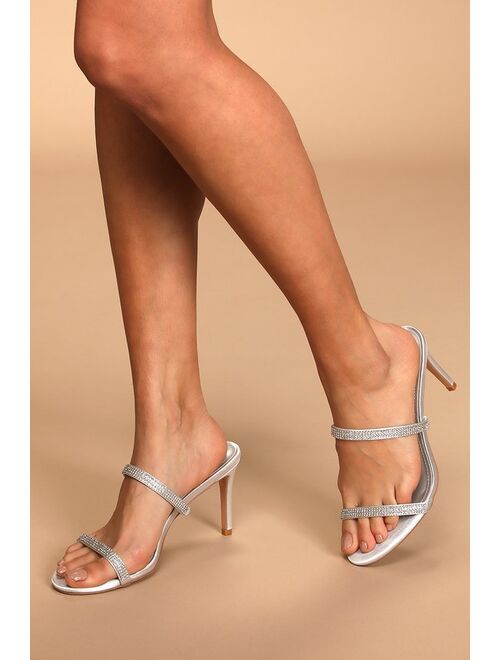 Lulus Ralphy Silver Satin Rhinestone High Heel Sandals