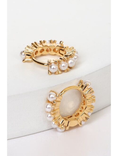 Lulus June White Pearl Birthstone 14KT Gold Hoop Earrings