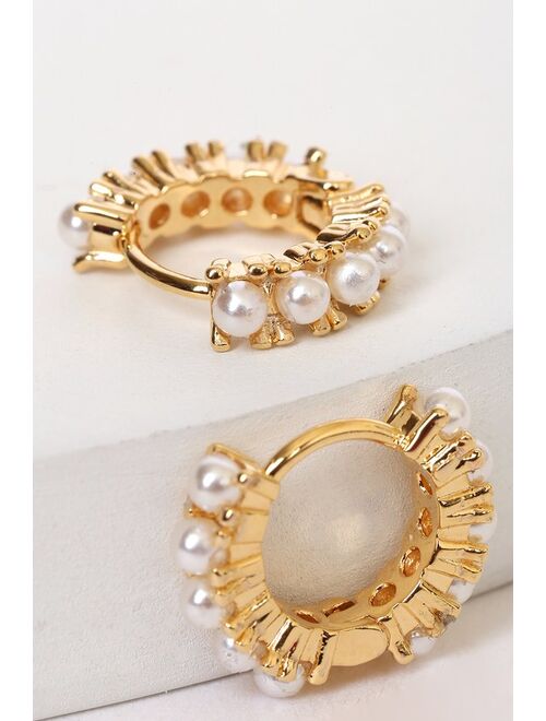 Lulus June White Pearl Birthstone 14KT Gold Hoop Earrings