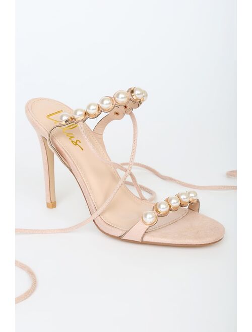 Lulus Marisaa Light Nude Suede Pearl Lace-Up High Heel Sandals