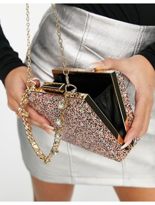 True Decadence glitter chain strap x body bag in pink and gold