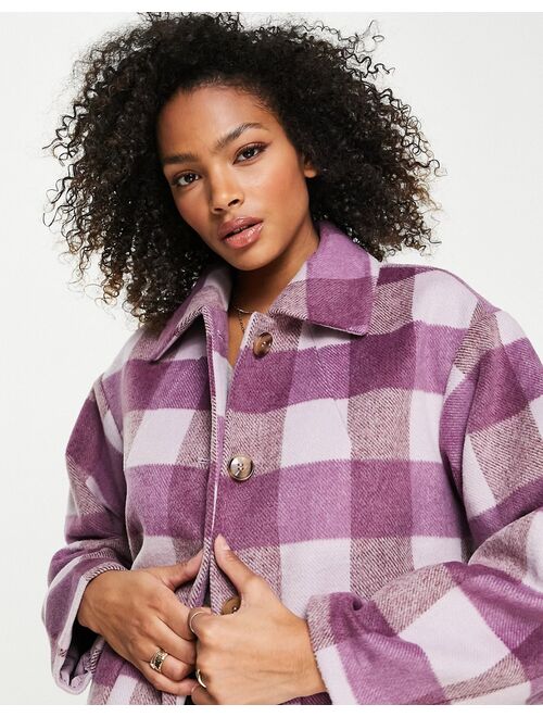 Monki check boxy fit brushed wool jacket in purple