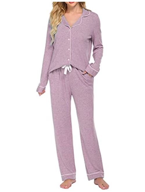 Ekouaer Women's Pajamas Long Sleeve Sleepwear Casual Button Down Loungewear Soft Pjs Set S-XXL