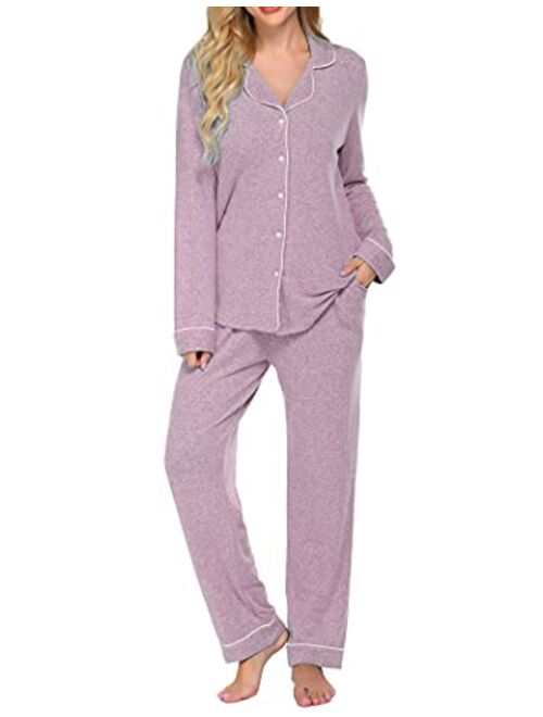 Ekouaer Women's Pajamas Long Sleeve Sleepwear Casual Button Down Loungewear Soft Pjs Set S-XXL
