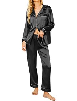 Satin Pajamas Women’s Long Sleeve Sleepwear Silk Soft Button Down Loungewear Pjs Set S-XXL