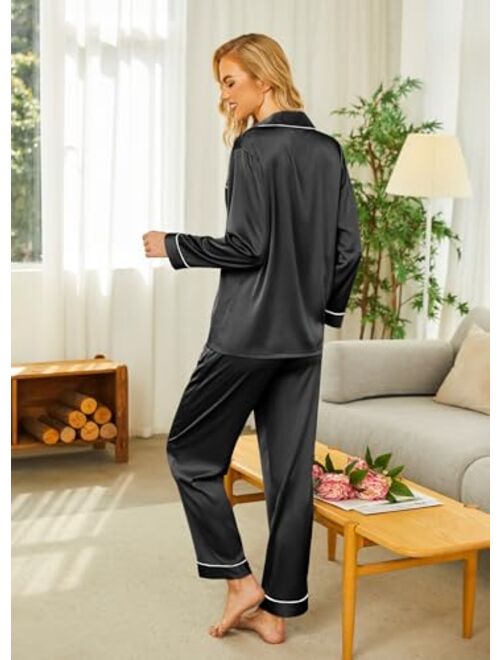 Ekouaer Satin Pajamas Women’s Long Sleeve Sleepwear Silk Soft Button Down Loungewear Pjs Set S-XXL