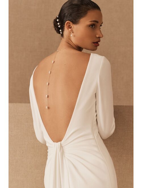 Tadashi Shoji ADASHI SHOJI Crepe Long Sleeve Fitted Silhouette Minimalist Bridal Evening Maven Gown On Sale Price
